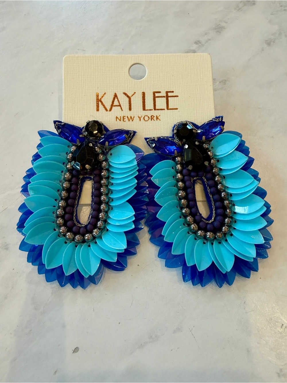 NWT Kay Lee New York Beaded & Sequined Blue Statement Earrings
